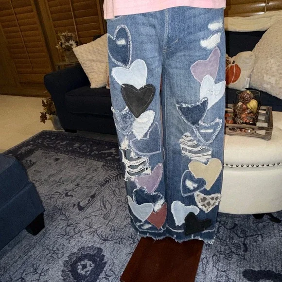 Free People We The Free Piece Of My Heart Jeans Heart Patch Wide Leg HighRise - Picture 14 of 14